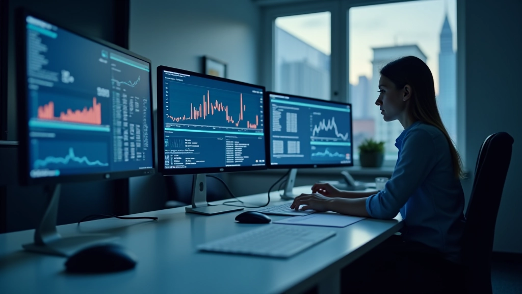 Modernes Büro mit Finanzanalysen und wirtschaftlichen Diagrammen auf dem Bildschirm